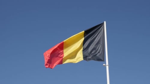 Famous state symbol fabric of Belgium on flagpole slow-mo 1920X1080 HD footage - Slow motion of Bel