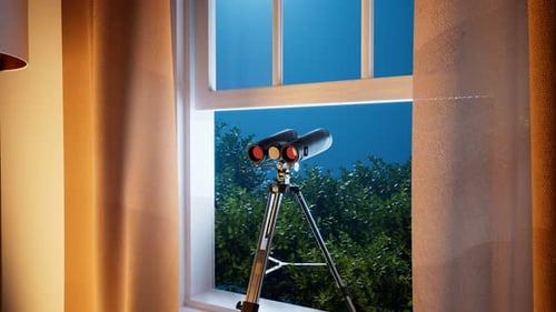 Binoculars Zooming On Night View Through Window