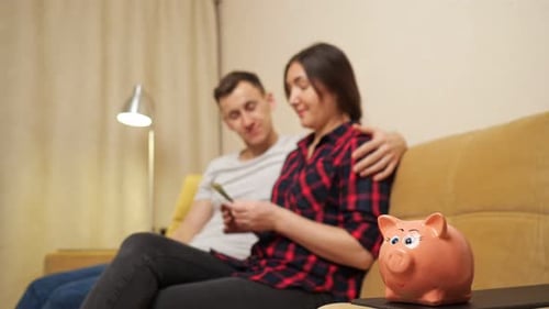 Man Woman Plan Family Budget Counting Dollars By Piggy Bank