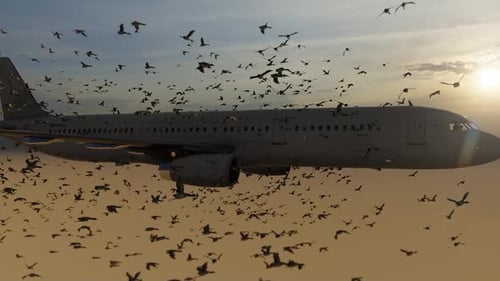 Passenger Jet Flying Through a Large Flock of Birds