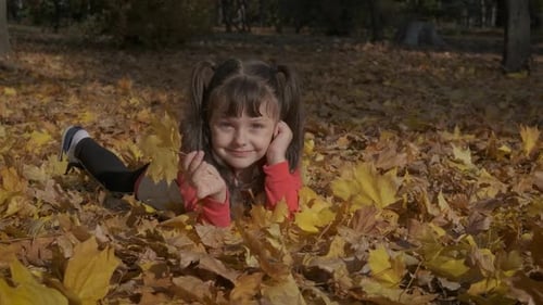 Cute Girl Playing in Colorful Autumn Leaves
