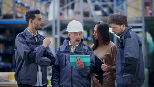 Senior Man in Hard Hat Showing Order on Tablet to Warehouse Manager and Loaders Talking