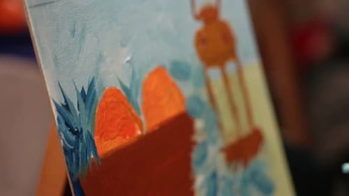 Painting Artwork With Paintbrush On Canvas Close Up