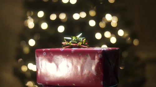 Christmas Present with Tree Lights in Background