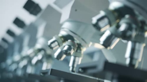 Countless modern microscopes in a row analysing samples in an endless loop. 4KHD