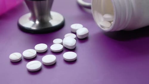 Close Up of White Pills Spilling on Purple Background