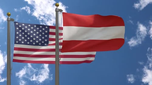 United States and Austria Flags Waving Together in Blue Sky