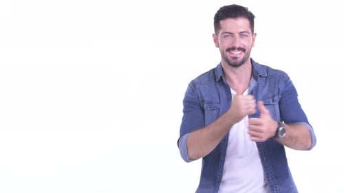 Smiling Man Gesturing on White Background