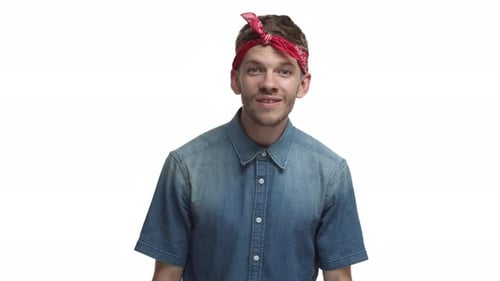 Young Man Laughing with Red Bandana on White