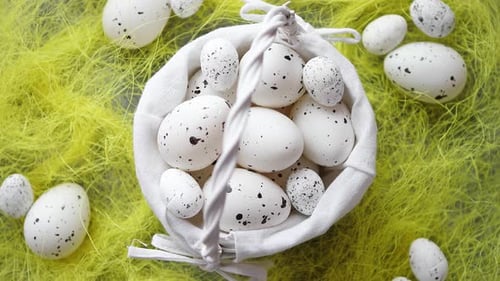 Easter White Dotted Eggs in the Nest and Spring Yellow Grass