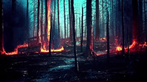 Forest Fire with Burned Trees After Wildfire