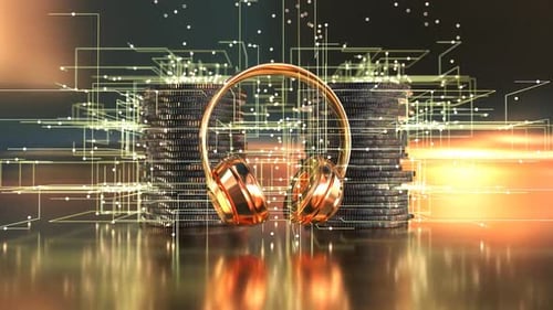 Futuristic Golden Headphones, Digital Coins, and Technology Network Loop