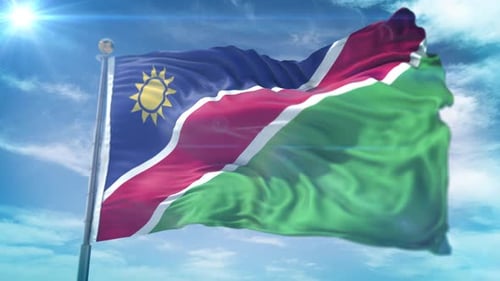 Namibian Flag Waving Realistically in Blue Sky