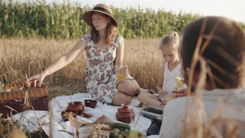 Family Picnic in Golden Wheat Field