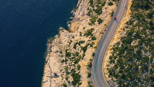 Aerial View From Drone on Coast and Highway Road Near Turquoise Sea