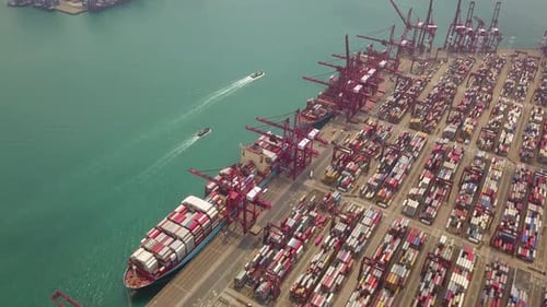 Aerial top view of container cargo ship in the export and import business and logistics