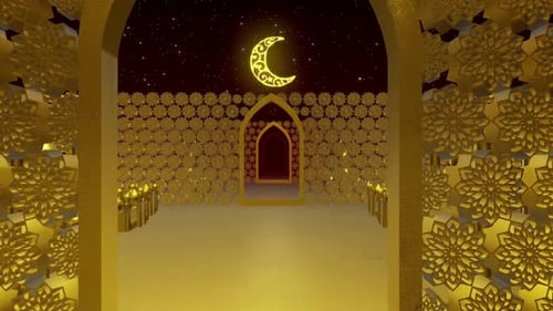 Golden Islamic Archway with Crescent Moon for Ramadan and Eid