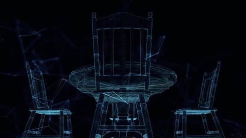 Futuristic Digital Wireframe Table and Chairs Rotating Animation