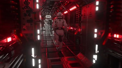 Un astronaute traverse un tunnel vers un autre compartiment de la porte spatiale