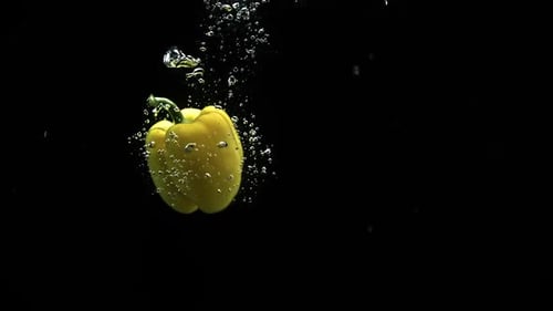 Gelbe Paprika, die ins Wasser fällt und sich mit vielen Luftblasen auf schwarzem Hintergrund dreht
