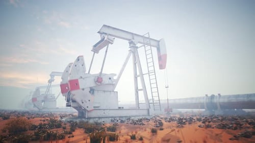 Animated Oil Pumpjacks Pumping in Arid Desert Landscape