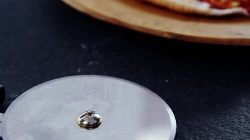 Tasty Pizza on Wooden Platter, Mouthwatering Close Up