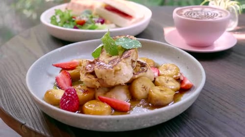 Breakfast in Hotel Toasted Bread with Berries and Fruits Sandwich Coffee