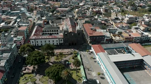 Nuestra Señora del Rosario de Agua Santa Church And Parque la Basilica In Baños CIty, Ecuador. - aer