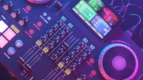 DJ Set in an endless looping animation. Electro music equipment in a club lights