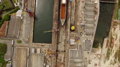 Ship in Dry Dock, Aerial Industrial Port View