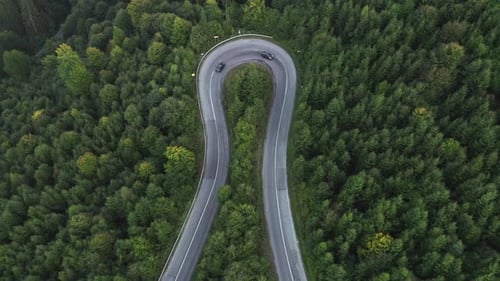 Aérea: passagem de estrada sinuosa em gancho de cabelo na floresta de montanha, tiro descendente