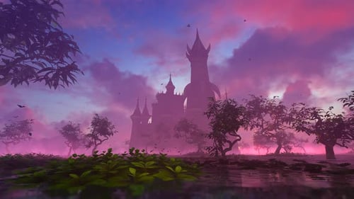 Château fantastique dans le brouillard magique