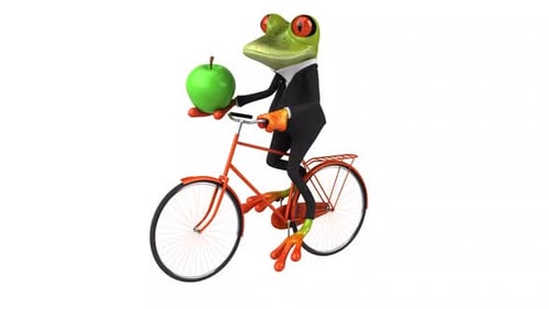 3D Animated Frog in Suit Riding Bicycle with Apple