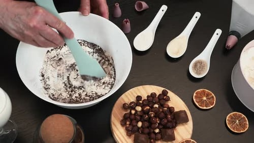 Dessert Creation: Mixing Ingredients in Bowl