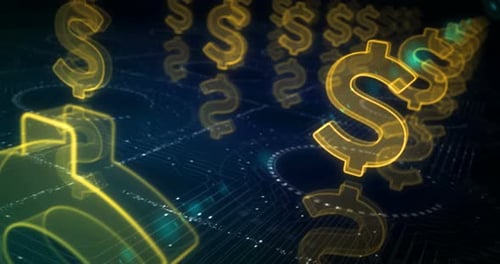 Futuristic Digital Dollar Signs Flow on Circuit Board Background