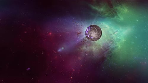 Vibrant Cosmic Nebula Background with Rotating Planet and Debris