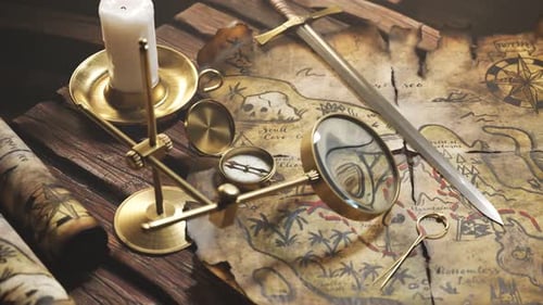 Antique Treasure Map with Magnifying Glass and Pirate Items