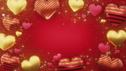 Romantic Hearts Frame Animation with Golden Glitter Background