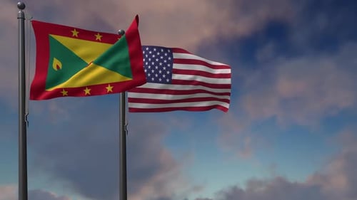 Grenada-Flagge weht zusammen mit der Nationalflagge der USA - 2K
