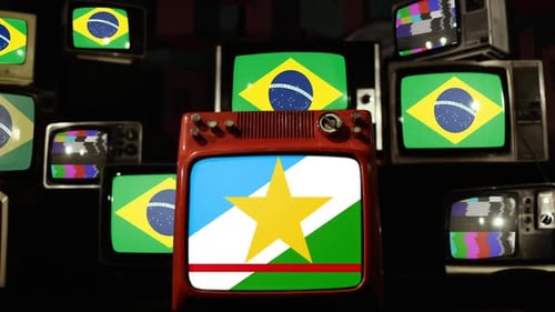 Roraima and Brazil Flags on Stacked Retro TVs