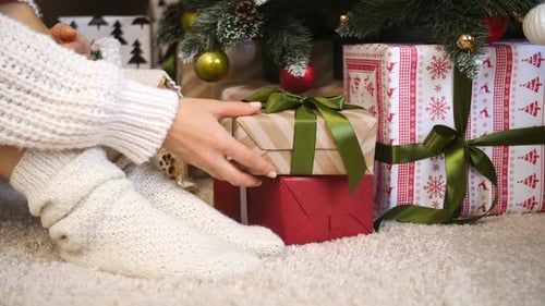 Woman Arranging Gifts Under a Decorated Christmas Tree