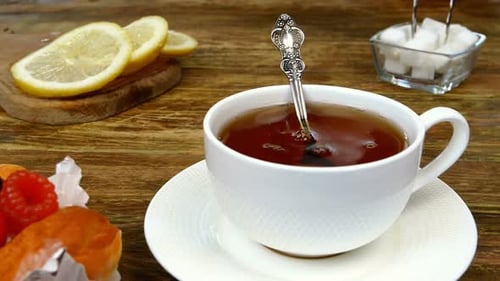 Two Pieces of Refined Sugar Added in White Ceramic Mug with Hot Tea and Stir with Teaspoon