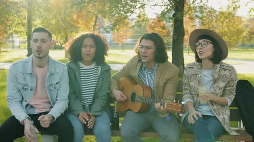 Friends Singing and Playing Guitar in Park