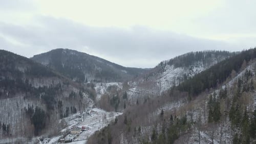Aerial View of Mountains Covered with Snowy Forest