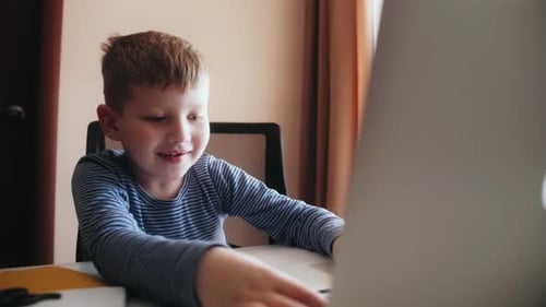 Boy Using Laptop Computer at Desk Indoors