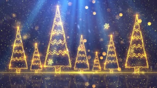 Glowing Golden Christmas Trees and Falling Snowflakes Festive Loop