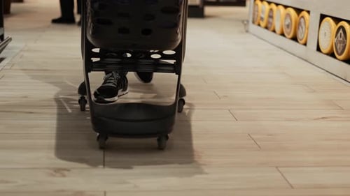 Man Pushing Trolley Along Supermarket Grocery Aisle Front Cropped View