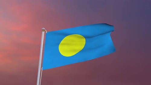 Animated Flag of Palau Waving Under a Colorful Sky