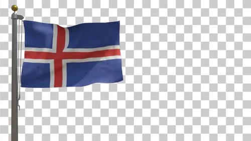 Realistic Waving Iceland Flag on Pole with Alpha Channel