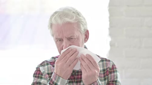Portrait of Sick Casual Old Man Sneezing
